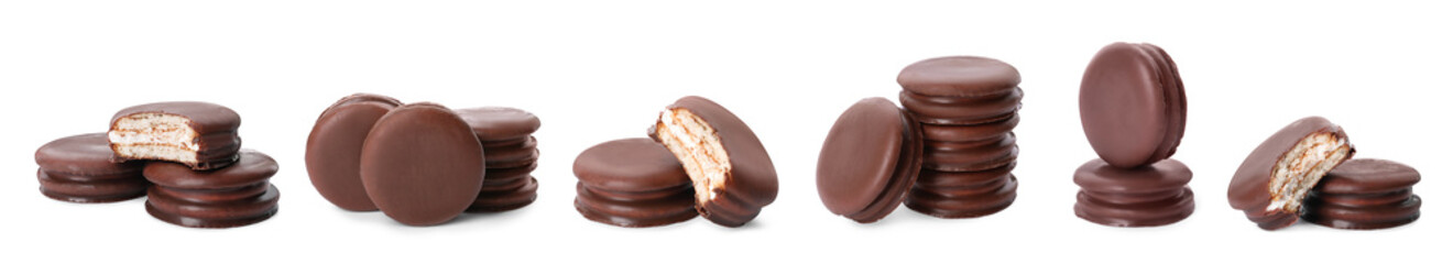 Set with tasty choco pies on white background. Banner design