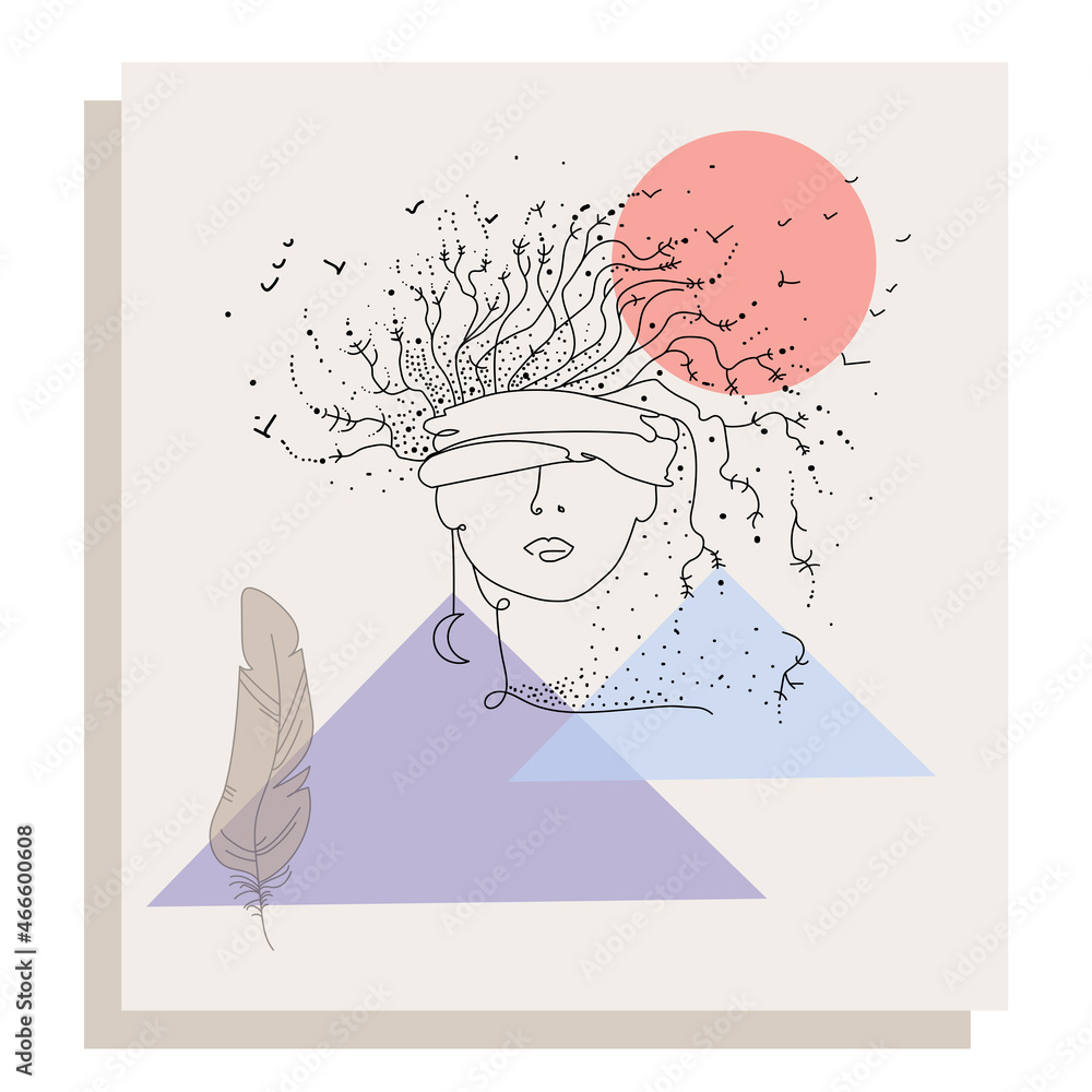 Aufkleber vector abstract illustration. female surreal face with dry trees and branches in the head and blindf