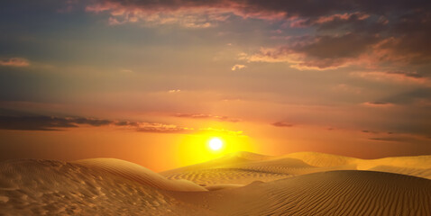 Beautiful view of sandy desert at sunset. Banner design © New Africa