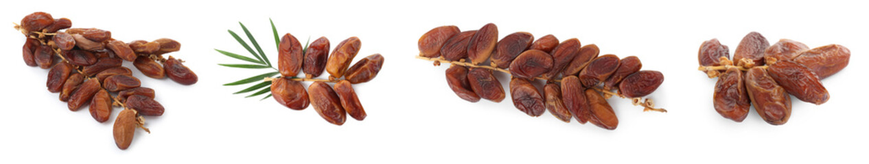 Set with sweet dried dates on white background. Banner design