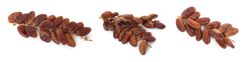Set with sweet dried dates on white background. Banner design