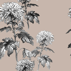 Delicate black ad white Chrysanthemum isolated on beige background. Hand drawn monochrome seamless pattern for created floral design, wallpaper, textile, fabric, poster.