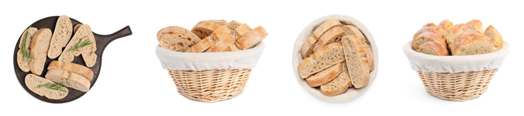 Set with fresh delicious ciabattas on white background. Banner design