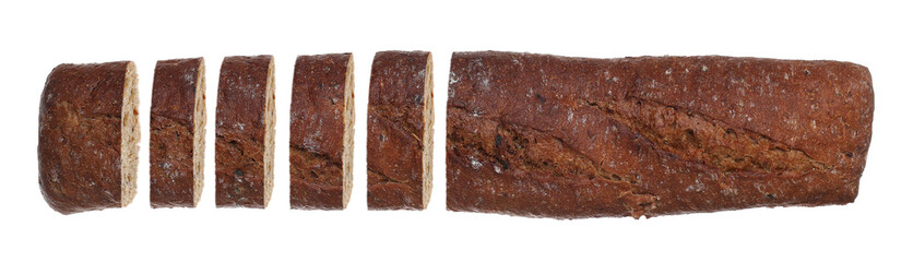 Cut freshly baked tasty baguette on white background, top view. Banner design