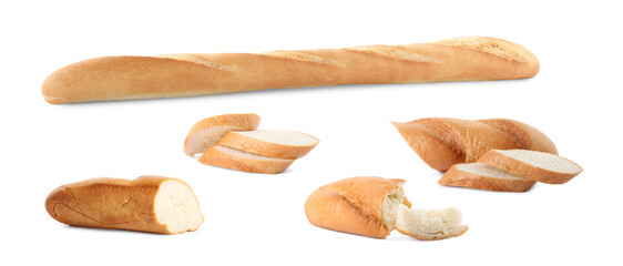 Set with freshly baked tasty baguettes on white background. Banner design