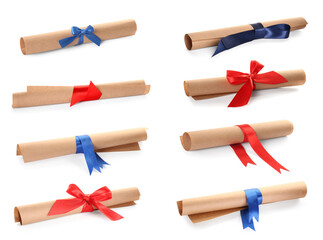 Rolled student's diplomas with blue and red ribbons on white background, collage