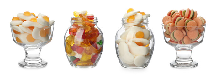 Set with tasty jelly candies on white background. Banner design