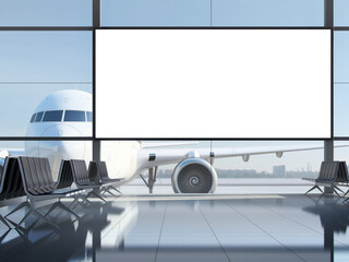 Billboard mock up in modern airport terminal interior. 3d illustration.