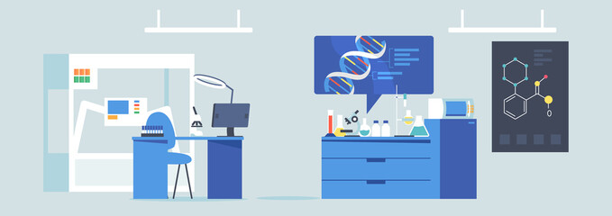 Chemical Laboratory, Educational Room Empty Interior. Chemistry Cabinet or Classroom with Blackboard, Beakers on Desk