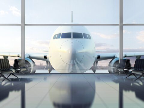 Modern empty airport terminal interior with a big glass windows and passenger airplane. 3d render.
