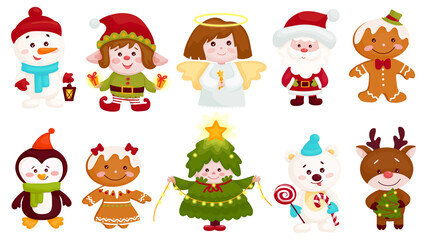 Set of cute Christmas characters in holiday costumes. Cartoon vector graphics.