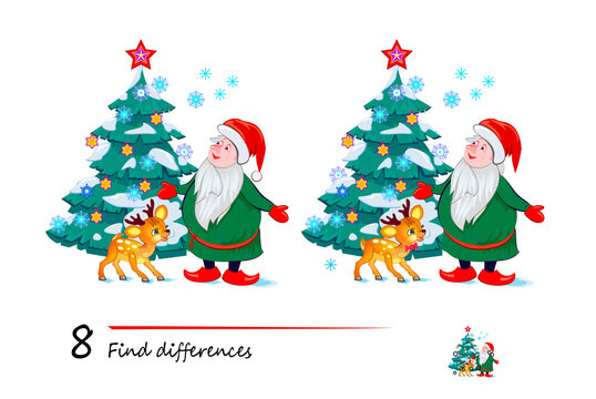 Find 8 differences. Illustration of Christmas tree and cute Santa Claus. Logic puzzle game for children and adults. Page for kids brain teaser book. Developing counting skills. IQ test. Play online.