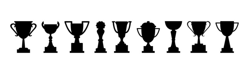 Award cups vector set, trophy black icons, sport champion prize isolated on white background. Winner illustration - obrazy, fototapety, plakaty