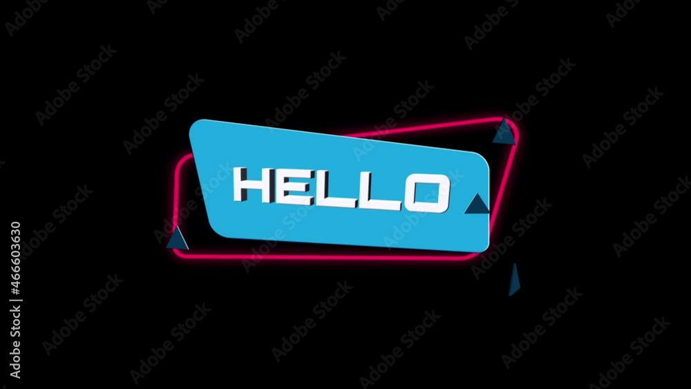 Poster 3d animation text Hello on trendy flat geometric banner. Flying and rotating object. 4K Video motion graphic animation.
