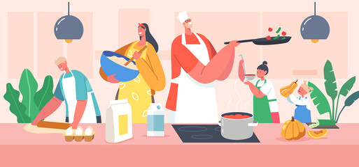 Happy Family Cooking at Home. Young Father, Mother and Kids on Kitchen Preparing Food, Parents and Children Spare Time
