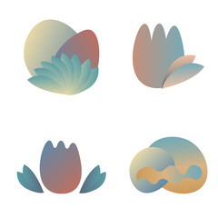 Trendy and beautiful gradient color simple flat forest elements. Bushes, floral elements and stone.