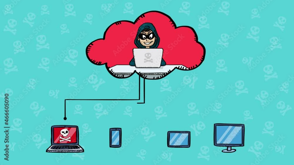 Poster Animation video of hacker infecting network servers with virus. One by one, all devices are infected with malware.
