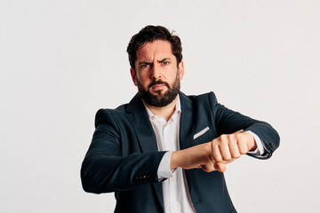 bearded adult male in jacket and shirt with copy space in a studio shot with white background. - 466605233