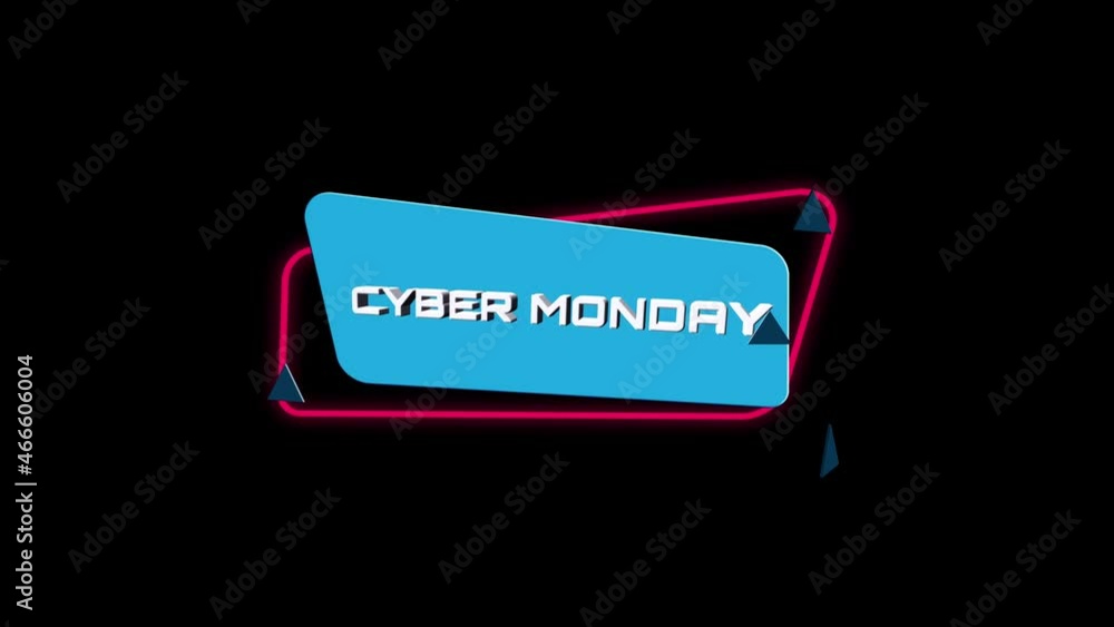 Poster 3d animation text Cyber Monday on trendy flat geometric banner. Flying and rotating object. 4K Video motion graphic animation.