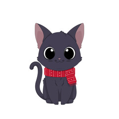 Ręcznie rysowany uroczy mały kotek w czerwonym szaliku. Wektorowa ilustracja zadowolonego, siedzącego kota. Słodki, chętny do zabawy zwierzak. Kot gotowy na zimę. - obrazy, fototapety, plakaty