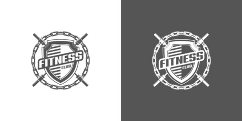 logo athletic club for bodybuilding, powerlifting, weightlifting, crossfit and fitness training. Barbell club logo vintage design isolated on background. Emblem for gym and heavy training of strongman