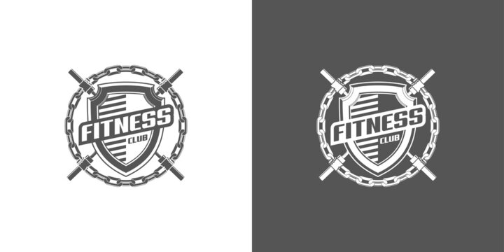 logo athletic club for bodybuilding, powerlifting, weightlifting, crossfit and fitness training. Barbell club logo vintage design isolated on background. Emblem for gym and heavy training of strongman
