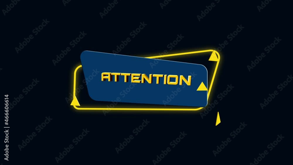 Poster 3d animation text Attention on trendy flat geometric banner. Flying and rotating object. 4K Video motion graphic animation.