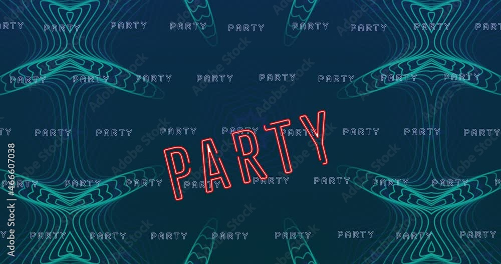 Poster animation of party neon text in repetition over blue pattern