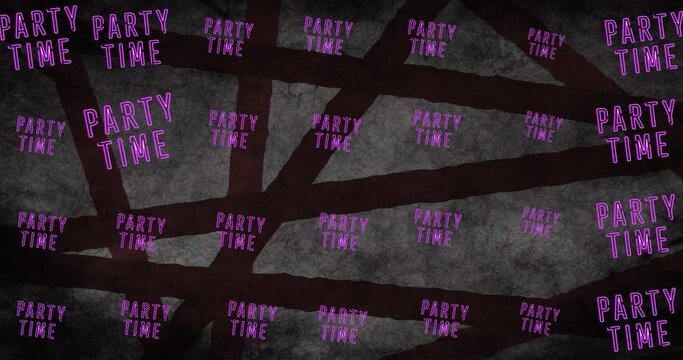 Animation of party time text in purple letters in repetition over grey pattern