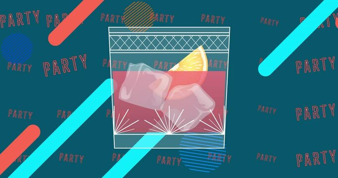 Animation of cocktail glass over party neon text and flickering shapes