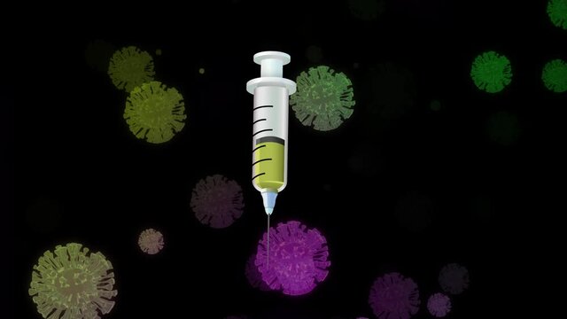 Animation of falling covid 19 cells face mask over syringe