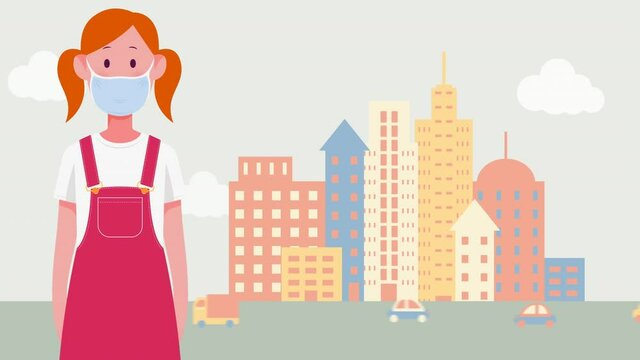 Animation of woman wearing face mask over cityscape