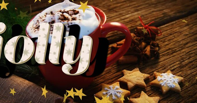 Animation of holly text over cup of coffee