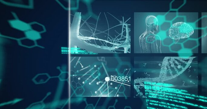 Digital animation of multiple screens with medical data processing against blue background