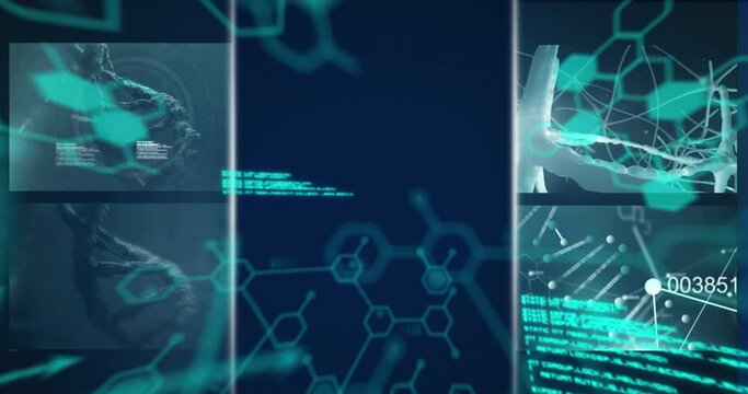 Digital animation of multiple screens with medical data processing against blue background