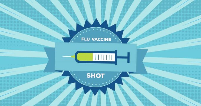 Digital animation of flu vaccine shot text banner with syringe icon on blue radial background