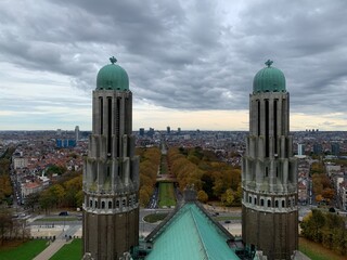 Panoramic view of Brussels city skyline with business district skyscrapers in the background. View from rooftop of National Basilica of the Sacred Heart. Koekelberg Basilica.  Bruxelles, Belgium