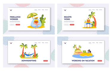 Obraz na płótnie Canvas Freelancers Working on Beach Landing Page Template Set. Characters Work at Tropical Resort. People Working on Laptop