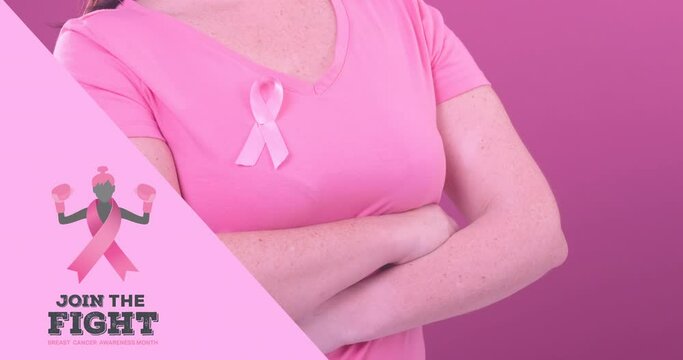 Animation of breast cancer awareness text over caucasian woman