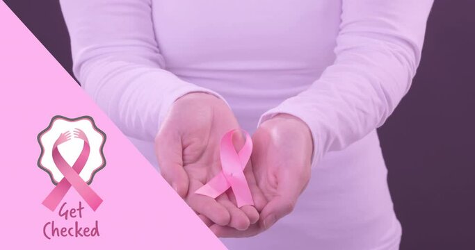 Animation of breast cancer awareness text over caucasian woman
