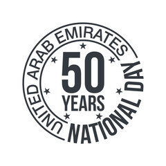 50th anniversary UAE national day logo with UAE flag and 7 stars illustration banner. Sign of United Arab Emirates 2 December Spirit of the union 50 years National day Celebration Card 2021 on white
