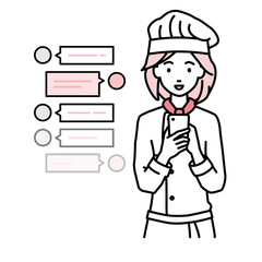 立ってスマートフォンで楽しくチャットで会話する調理師の女性