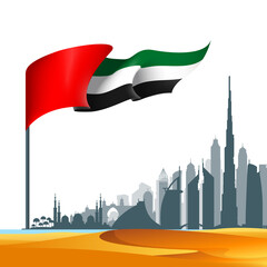 50 UAE National day flat paper style banner with UAE flag. Holiday card for 2 december 1971 - 2021, 50 National day United Arab Emirates Spirit of the union. Design with Dubai and Abu Dhabi silhouette