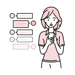 立ってスマートフォンで楽しくチャットで会話するポロシャツの女性