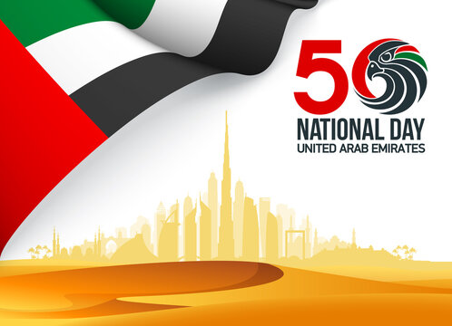 50 UAE National day flat paper style banner with UAE flag. Holiday card for 2 december 1971 - 2021, 50 National day United Arab Emirates Spirit of the union. Design with Dubai and Abu Dhabi silhouette