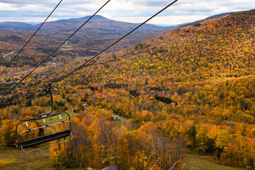 Golden fall season at the Hunter Mountain, NY, USA. Scenic skyride.