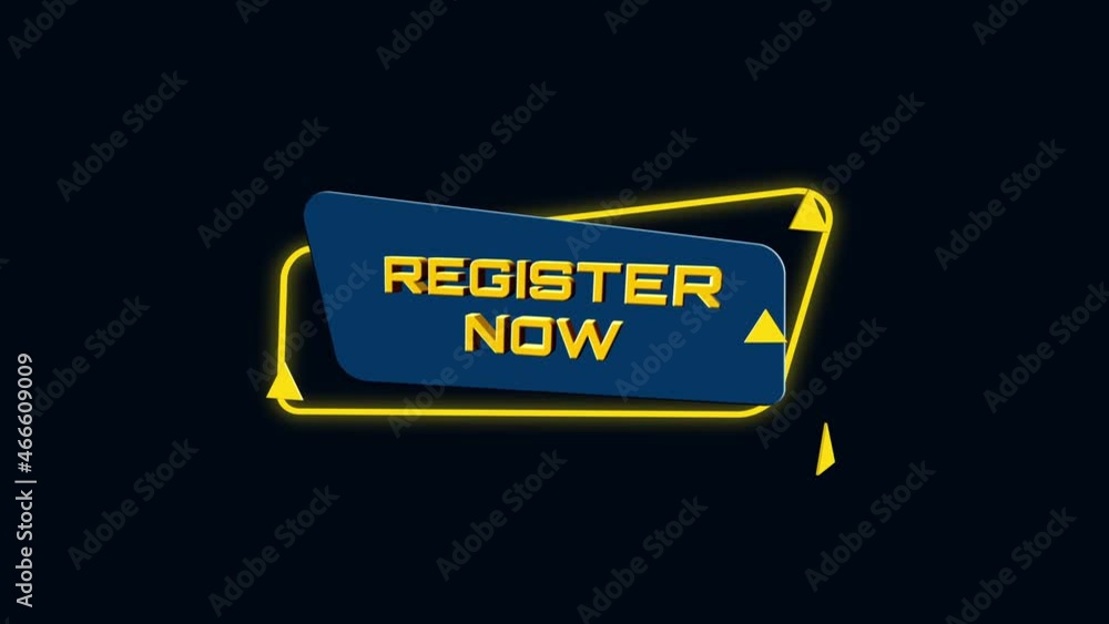 Leinwandbilder 3d animation text register now on trendy flat geometric banner. flying and rotating object. 4k video