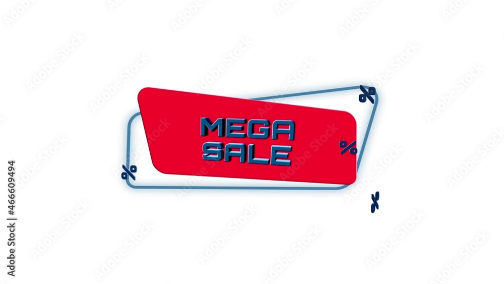 Poster 3d animation text mega sale on trendy flat geometric banner. flying and rotating object. 4k video mo