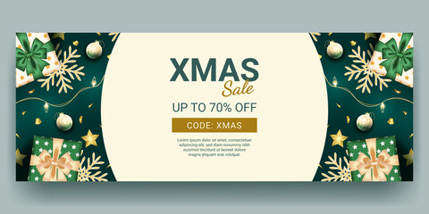 christmas sale banner with realistic green decoration