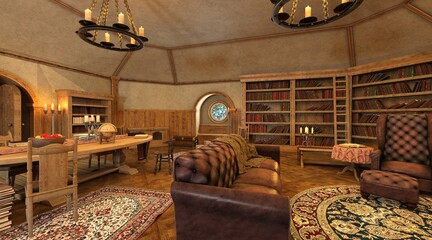 Old library vintage interior 3d illustration